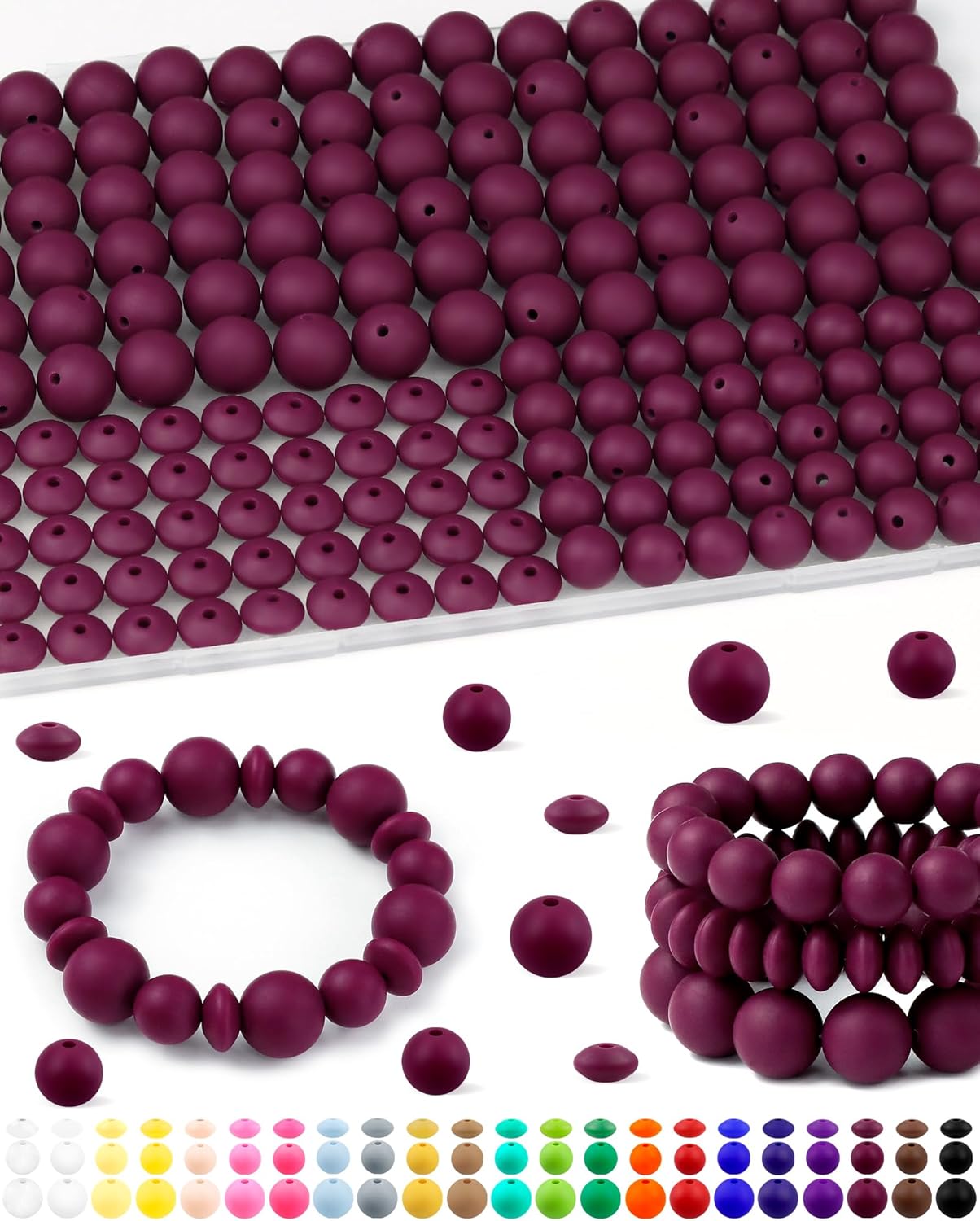 200Pcs FIVEIZERO Mixed Silicone Beads for Keychain Making, 12mm 15mm Round and 12mm Lentil Silicone Beads for Pens Bracelet Necklace DIY Crafts(Black)