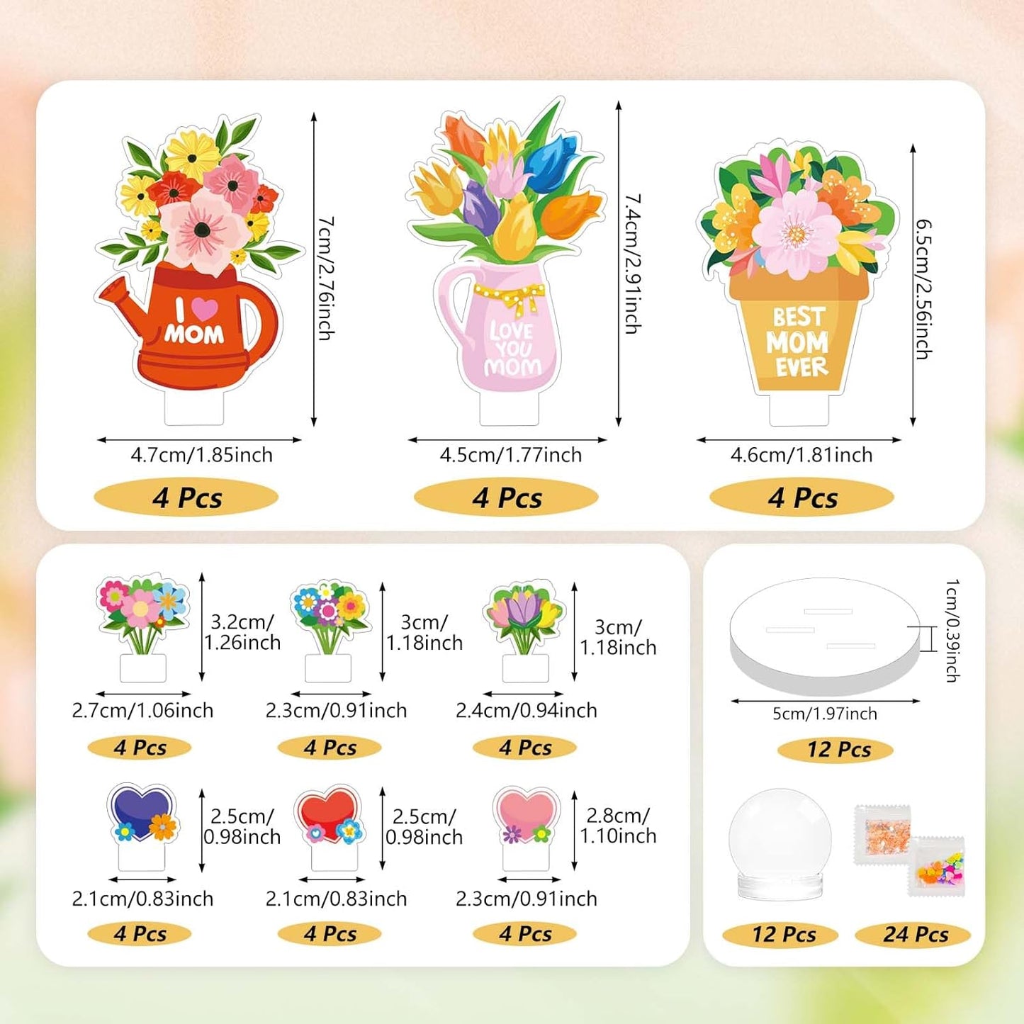 Cinrobiye 12 Pack Mother's Day Snow Globe Craft Kit for Kids, DIY Glitter Flower Water Globe Set with Stickers & Base, Preschool Classroom Activity, Handmade Gift for Mom Party Favors