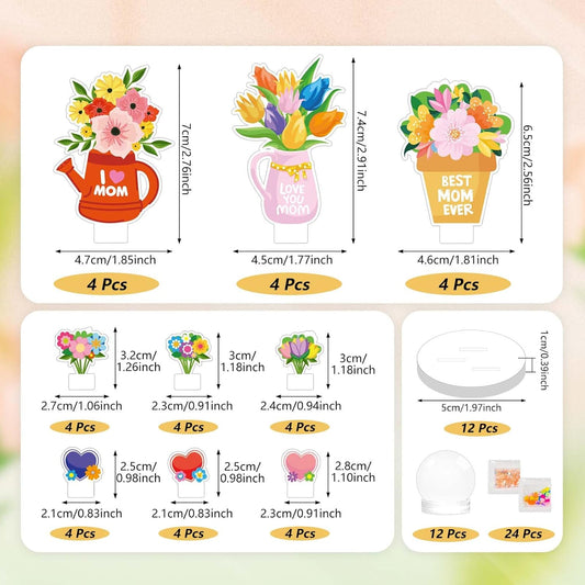 Cinrobiye 12 Pack Mother's Day Snow Globe Craft Kit for Kids, DIY Glitter Flower Water Globe Set with Stickers & Base, Preschool Classroom Activity, Handmade Gift for Mom Party Favors