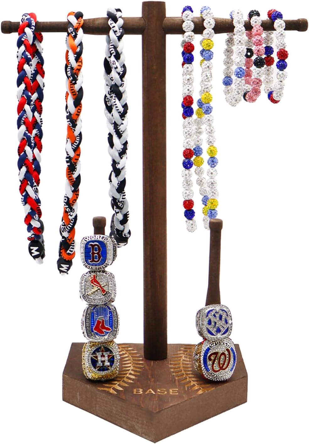 rain bunny Wooden Baseball or Softball Drip Necklace Organizer Holder, Championship Ring Display Holder, Softball Ring Holder, Drip Necklace Baseball Display Gift (Walnut Red)