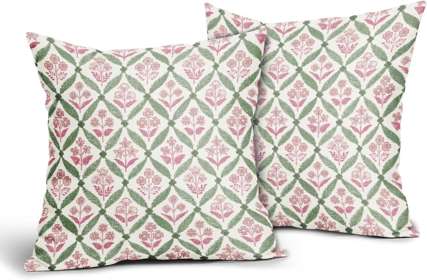 Blue Green Floral Block Print Pillow Covers 12X20 Set of 2, Flower Pattern Spring Summer Print Decorative Throw Pillow Covers Outdoor Farmhouse Seasonal Cushion Case Couch Sofa Bed Decor