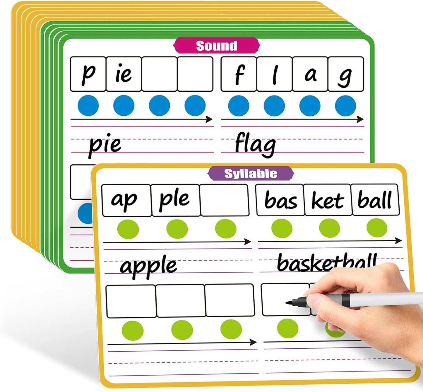 12 Pack Phonemic Awareness Dry Erase Flash Card,Phonics Games Science Reading Manipulative Speech Therapy Material Elkonin Box 1st Grade Classroom Must Haves Teacher Homeschool Supplies