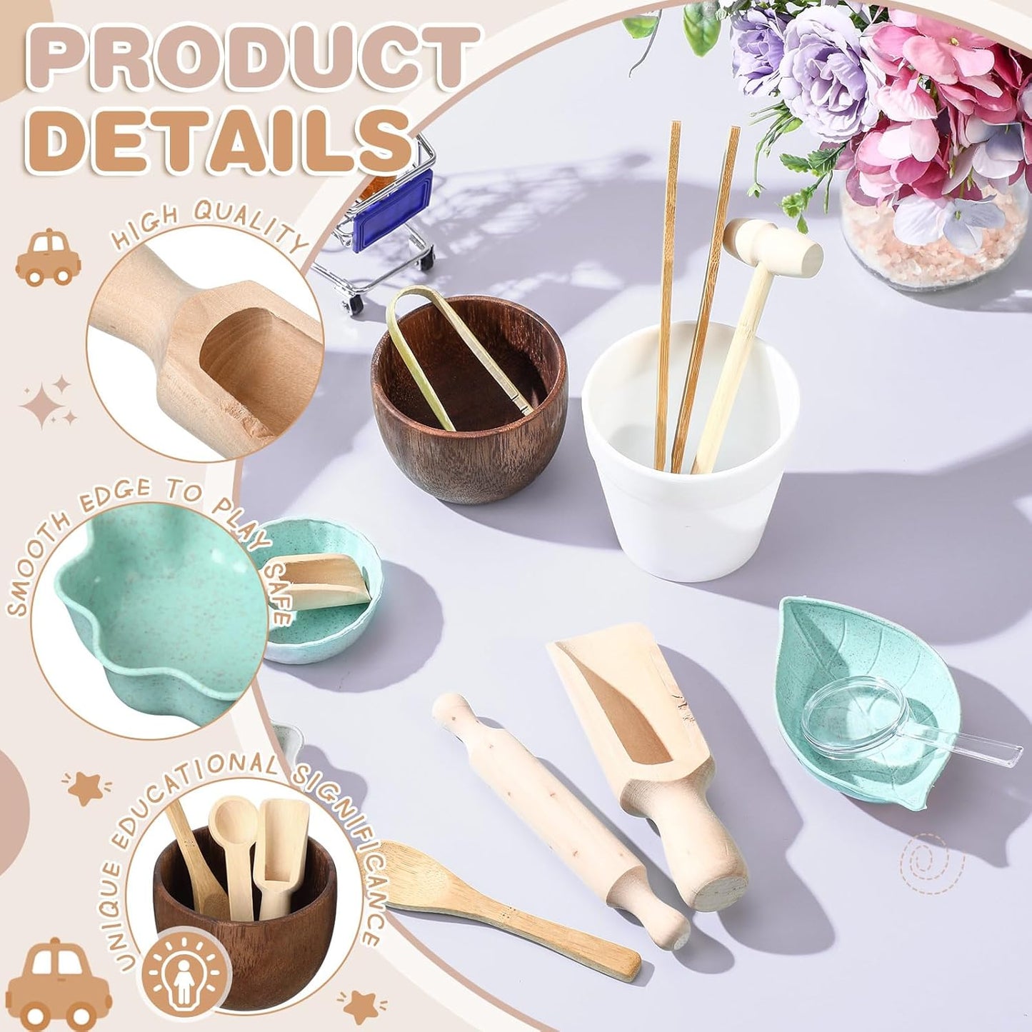 14pcs Sensory Bin Tool Sensory Tools for Boys and Girls Fine Motor Skill Toys Wooden Tong Spoons Bowls Plate Hammer Magnifying Glass and Rolling Pin for Transfer Work and Fine Motor Learning