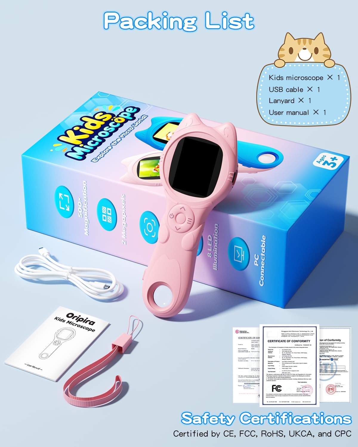 Oripira Kids Microscope Handheld, Autofocus 500X 1080P Microscope for Kids Digital, Mini Portable Pocket Miniscope Kids Toys for Ages 3 4 5 6 7 8 9 10 11 12 Year Old Boys Girls, Pink