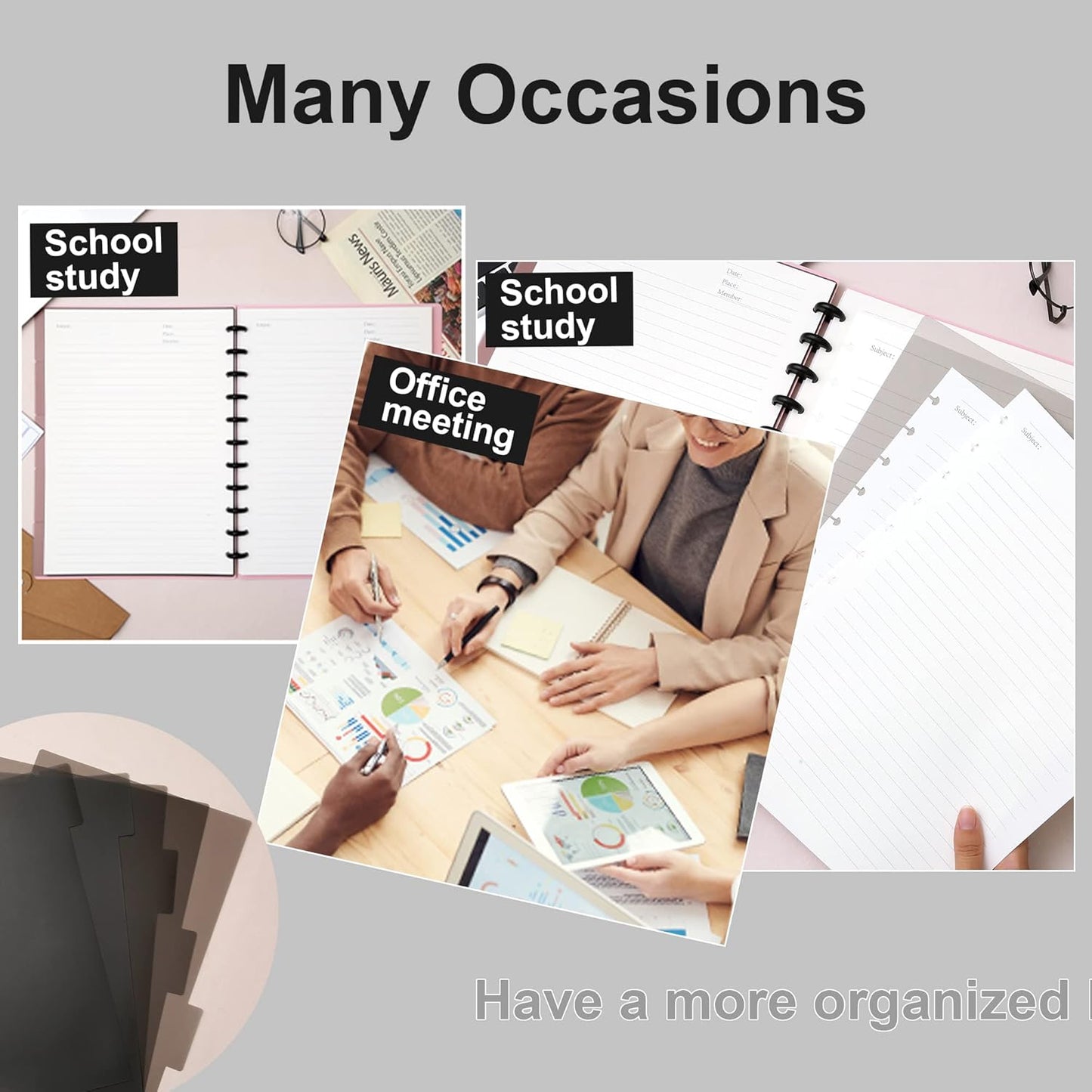 Discbound Notebook Refills for 11 Discs Notebooks 8.6 in x 12 in Letter Size 120 Sheets Multi-Subject Project Lined Pages Customizable Removable Pages(100 GSM) Heavyweight Planing Paper