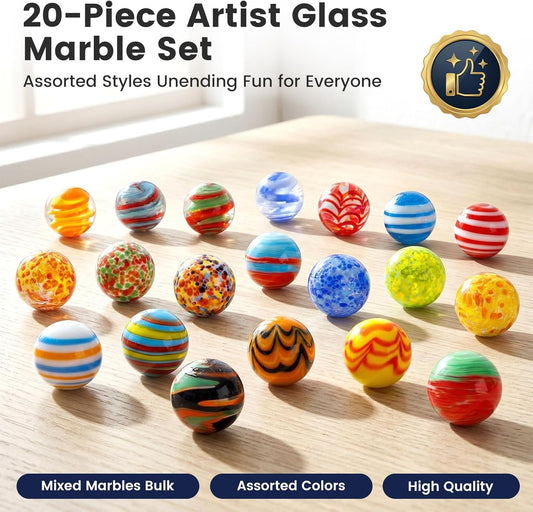 FUTUREPLUSX 20PCS Glass Marbles for Kids, 0.63 Inch Small Colorful Marbles Run Accessories, for Kids Game, Birthday Party Gifts, Parent-Child Games