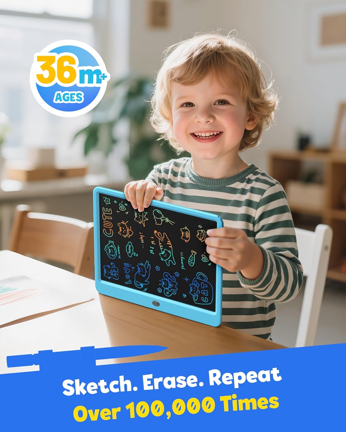 TEKFUN LCD Writing Tablet for Kids, 10-inch Coloring Drawing Pad, Mess Free Doodle Board, Airplane Travel Toys for Boys and Toddlers, Road Trip Essentials, Gifts for 3 4 5 6 7 8 Year Old Girls(Blue)
