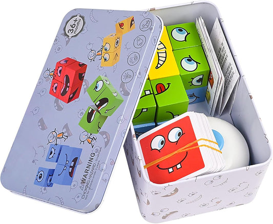 Large Wooden Face Expression Puzzle Building Cubes Manipulatives Face Changing Magic Cube Puzzles Matching Game with Bell Logical Thinking Training Brain Educational Montessori STEM Toys