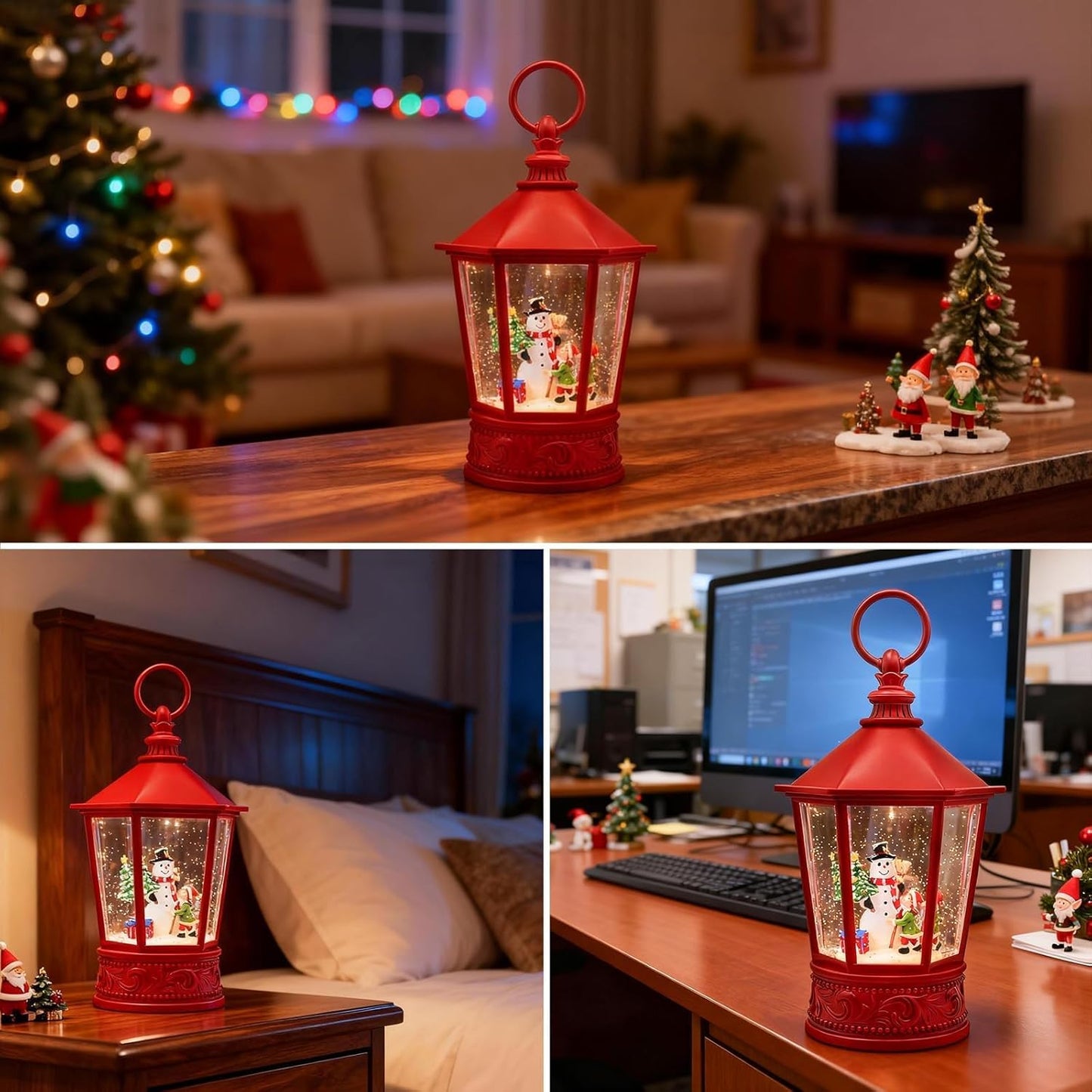 Christmas Lantern Snow Globe, Lighted Musical Snowman Lantern with Swirling Glitter, 10.5'' Christmas Snowing Lantern, USB & Battery Operated with Timer, Vintage Holiday Tabletop Decor