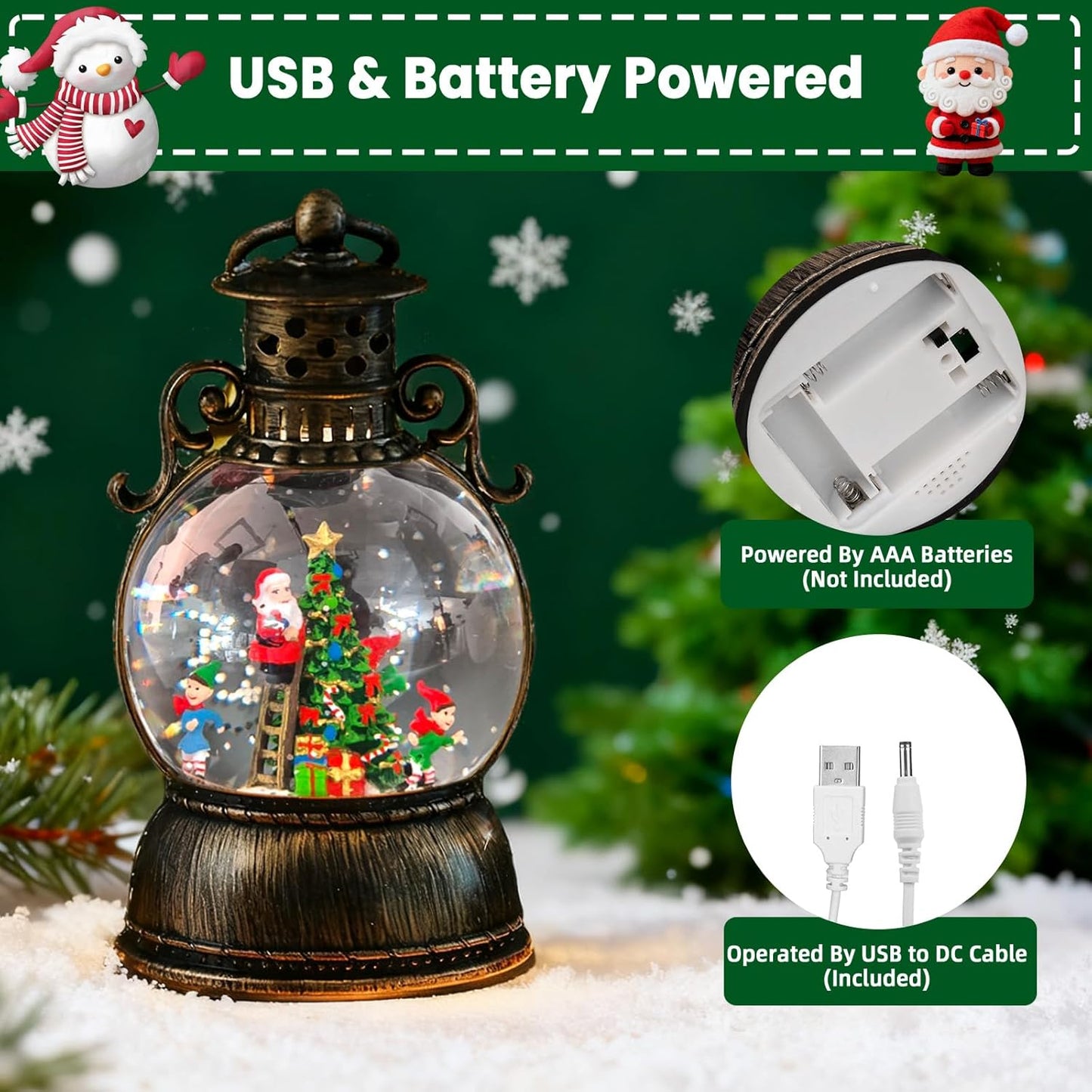 2026 Christmas Tree Train Lighted Musical Snow Globe Lantern Glittering Water Swirling Snowfall Singing Light up Decorative Holiday Decoration, 6H Timer, USB/Battery Operated, Home Décor Accent Gift