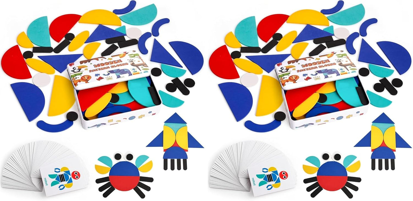 LovesTown Wooden Pattern Blocks Montessori Toys for Toddler Kids Open Ended Shape Puzzles Educational Tangram Preschool Learning Toy with 60 Cards 36 PCS