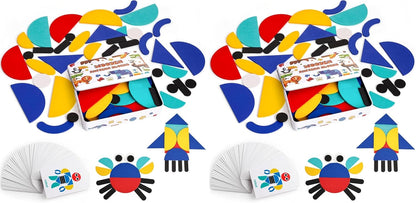 LovesTown Wooden Pattern Blocks Montessori Toys for Toddler Kids Open Ended Shape Puzzles Educational Tangram Preschool Learning Toy with 60 Cards 36 PCS