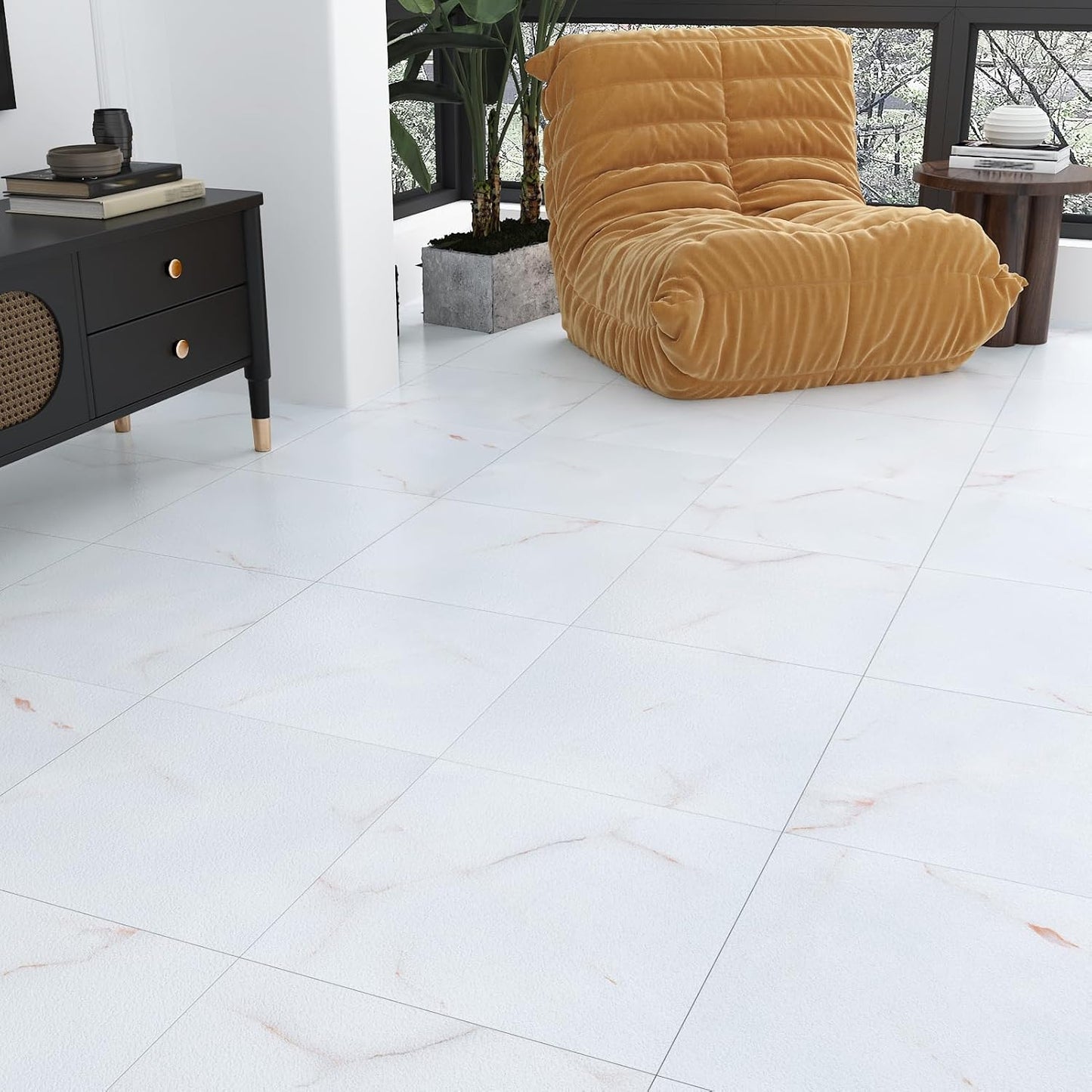 Wallercity White Marble Peel and Stick Vinyl Floor Tiles 6-Pack 12x12 Inches Self Adhesive Waterproof Flooring Planks for Bathroom Kitchen Bedrooms Stick on Floor Tiles Laminate Sheets Vinyl Flooring