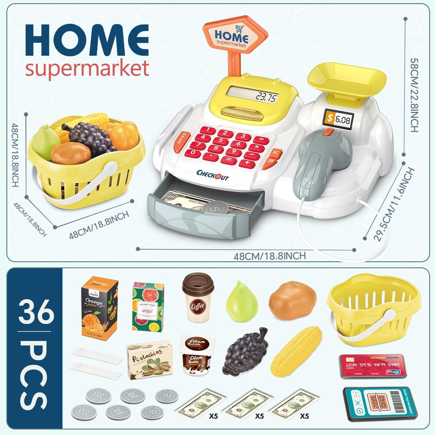 Cash Register 36PCS Supermarket Shop Toys with Electronic Sounds,Working Scanner,Calculator,Credit Card Reader,Play Food and Money Preschool Learning for Girl Boys Kids (Green)