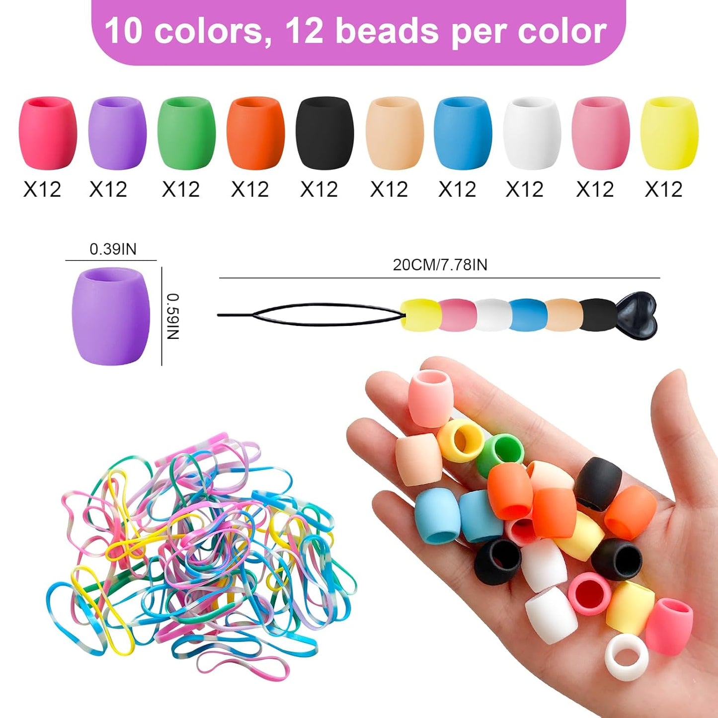 Jongdari 120pcs Silicone Hair Beads for Girls, Colorful Rainbow Large Soft Rubber Pony Beads Kit - 120pcs, 10 Colors