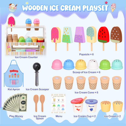 Wooden Ice Cream Toy, Ice Cream Counter Playset for Kids, Toddler Pretend Play Kitchen Accessories with Colorful Apron, Scoop, Menu, Fake Money, Birthday Gift Toys for 2 3 4 5 6 Year Old Boys Girls