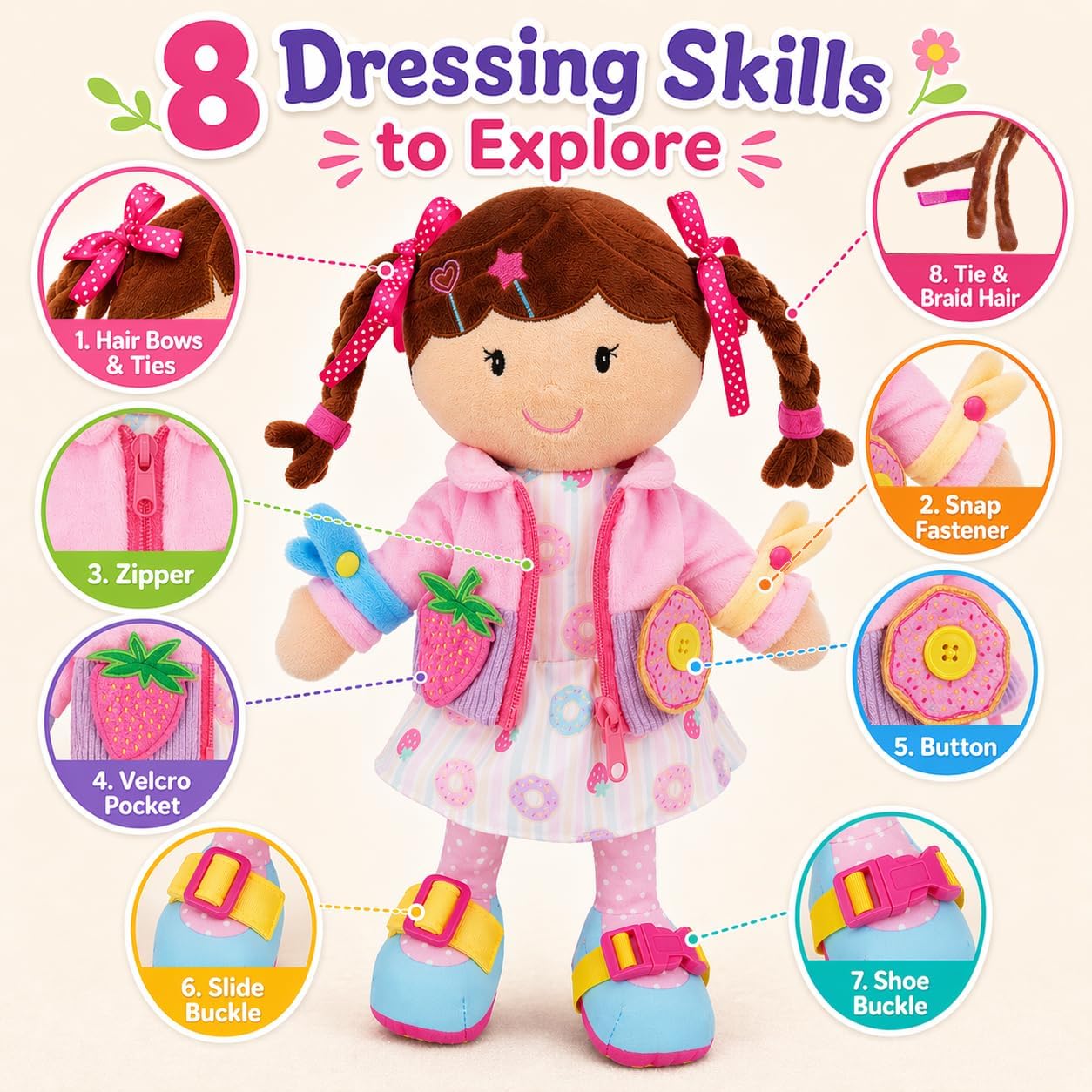 June Garden 16" Dressy Friends Bunnie - Educational Stuffed Plush Doll for Kids and Toddlers 2 Years and Up - Montessori Soft Toy Doll