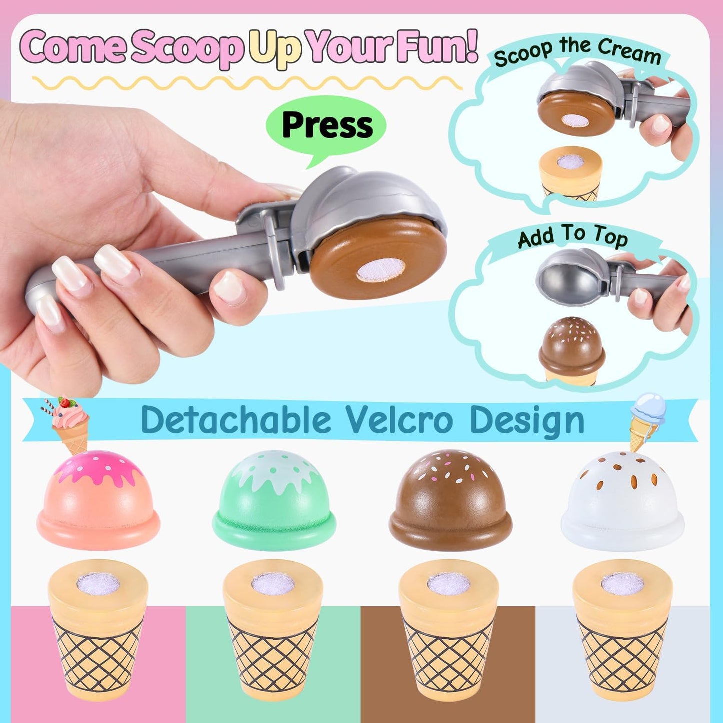 Mini Wooden Ice Cream Toys for Kids Pretend Play Kitchen Food Toys, Counter Shop Playset for Toddlers with Scoop & Menu & Fake Money for 3 4 5 6 Year Old Girls Boys Christmas Birthday Gifts