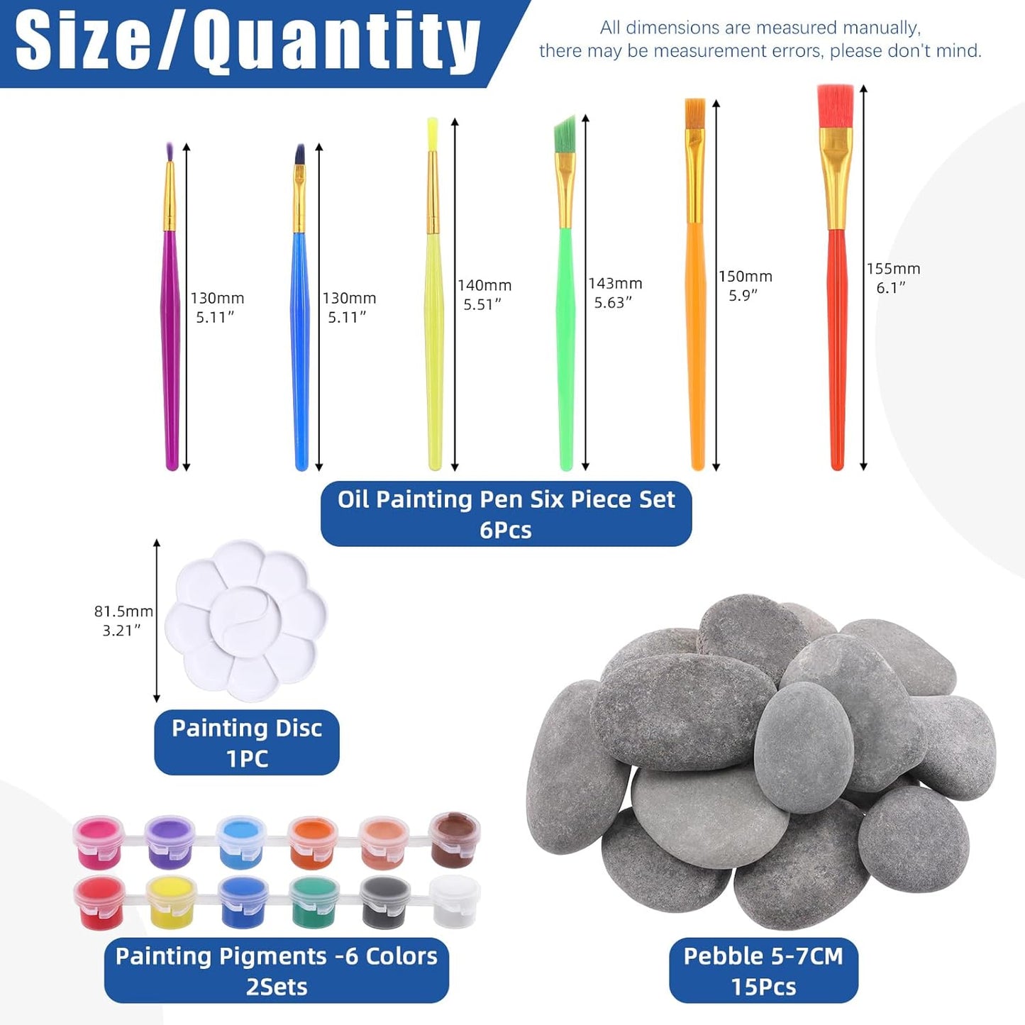 Glarks 34Pcs Rock Painting Kit, Including 15Pcs 2"-3" Flat Painting Stones River Rocks, 12 Colors Non-Toxic Washable Paint, 6Pcs Paint Brushes and 1Pc Palette for DIY Arts and Craft Activities