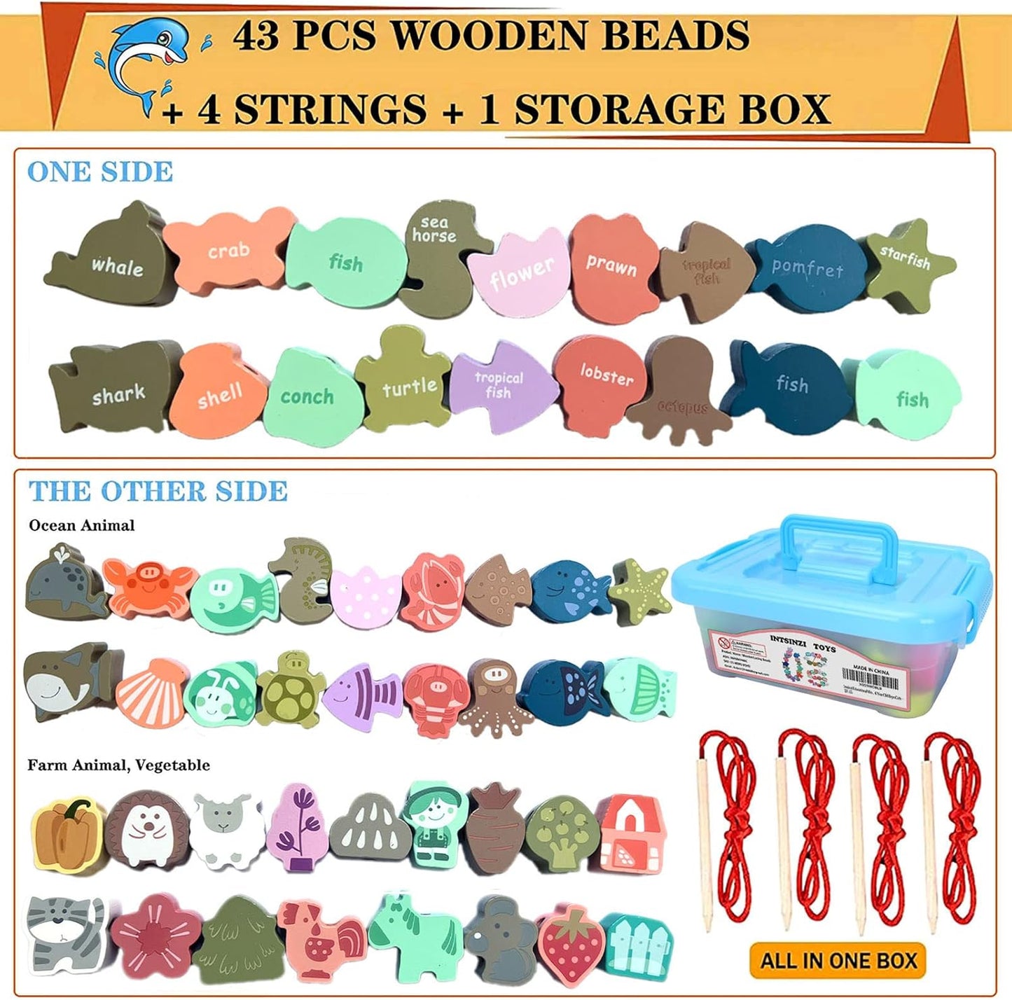 46 PCS Montessori Wooden Lacing Beads Toys for Toddlers,Educational Stringing Animals Fruits Farm Threading Beads Preschool Learning Toys for Kids 3 4 5 6 Year Old Boys Girls…