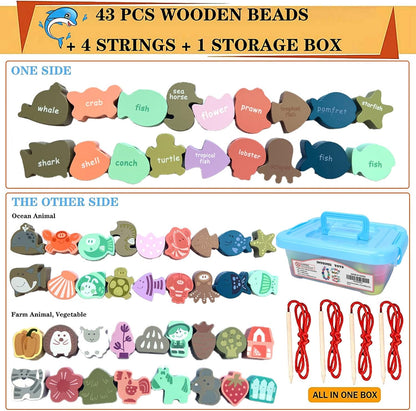 46 PCS Montessori Wooden Lacing Beads Toys for Toddlers,Educational Stringing Animals Fruits Farm Threading Beads Preschool Learning Toys for Kids 3 4 5 6 Year Old Boys Girls…