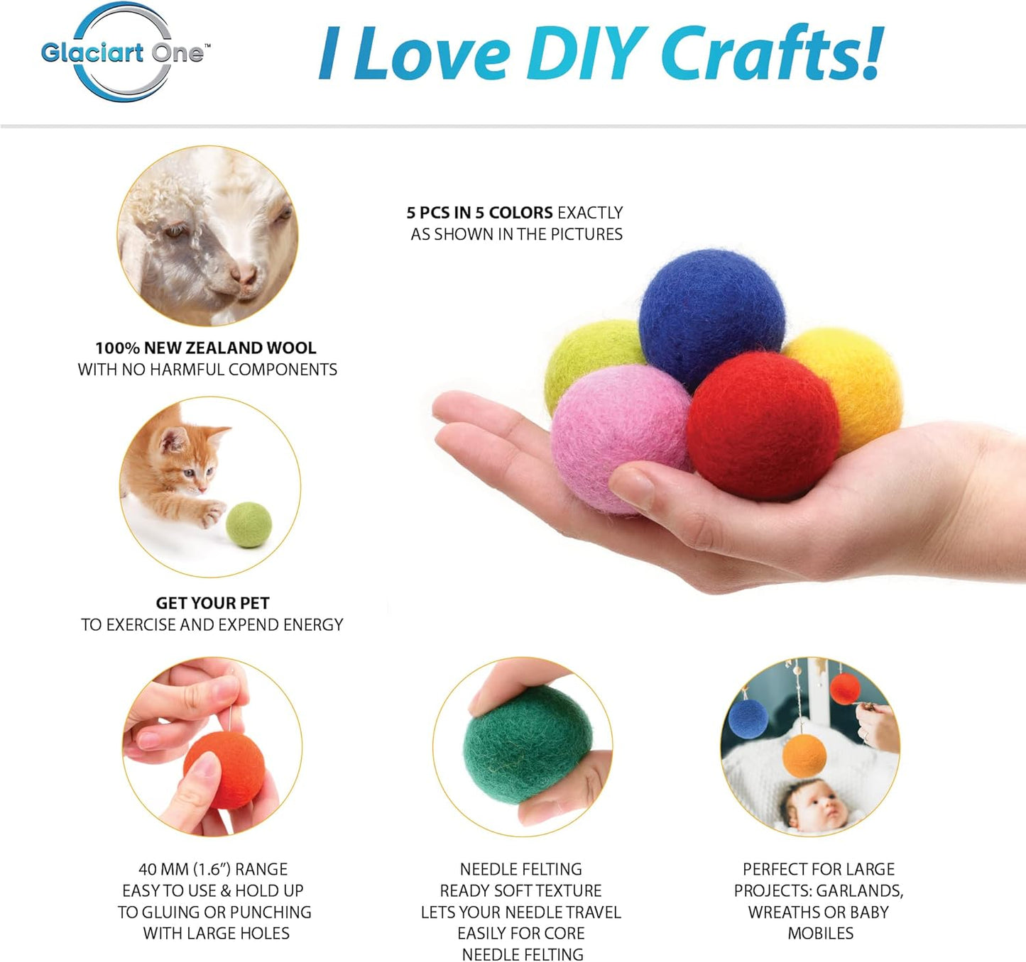 Glaciart One Felt Balls, Felt Pom Poms (5 Pieces) 4 Centimeters - 1.6 Inch, Handmade Felted 5 Vibrant Colors Wool Balls for Cats, Felting and Garland