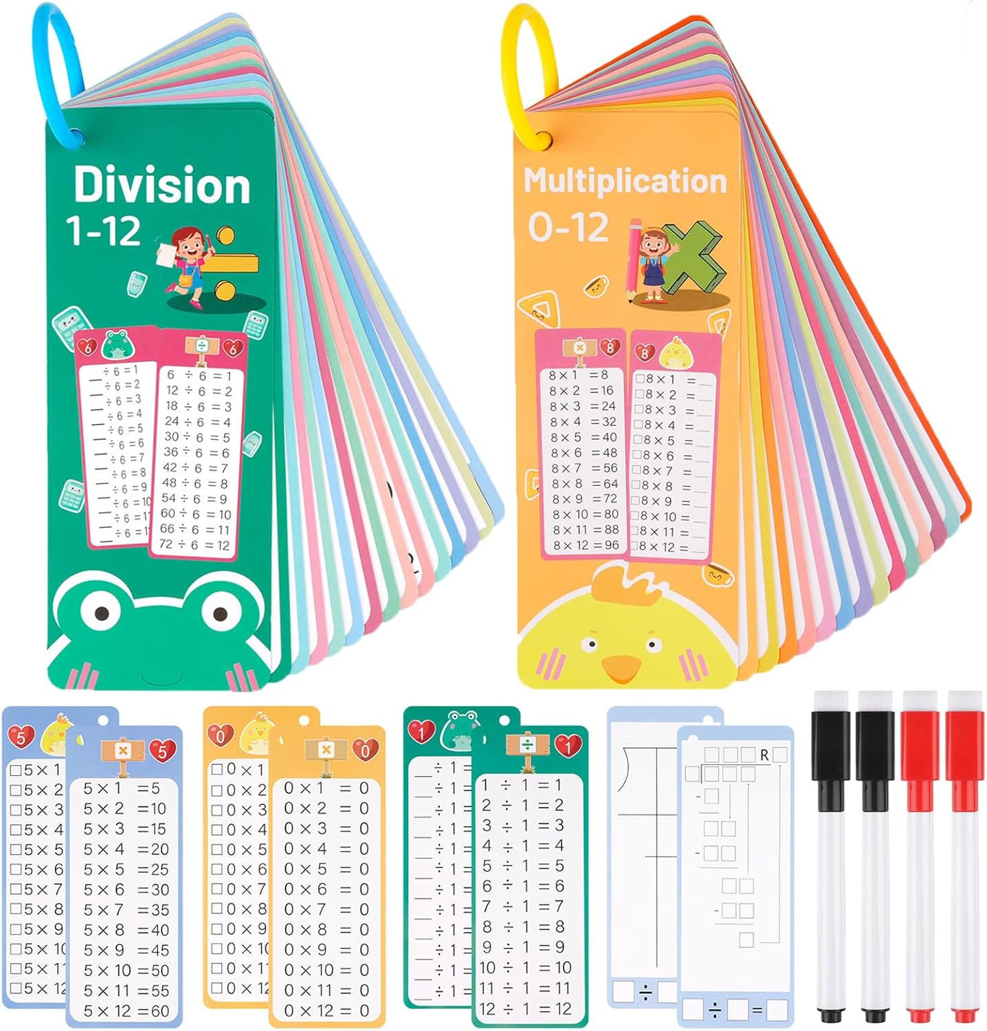 PEASUG Multiplication and Division Flash Cards 30 Pcs, 0-12 Math Flash Cards with 4 Dry Erase Pens 2 Rings, Educational Time Table Flash Cards for 1st-3rd Graders Multiplication Game