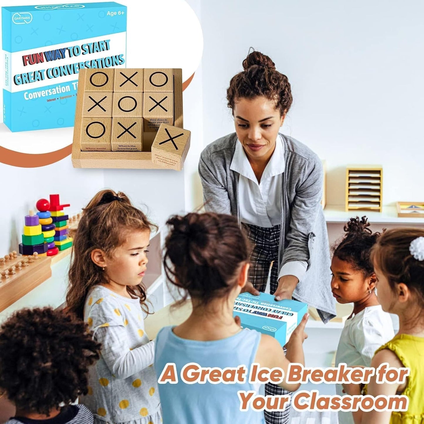 Garybank Sharing Joy Conversation Tic Tac Toe Therapy Games for Kids Teens, School Game Counselors Office Must Haves, Great Conversation Starter - Building Relationship, Wooden Communication Cubes