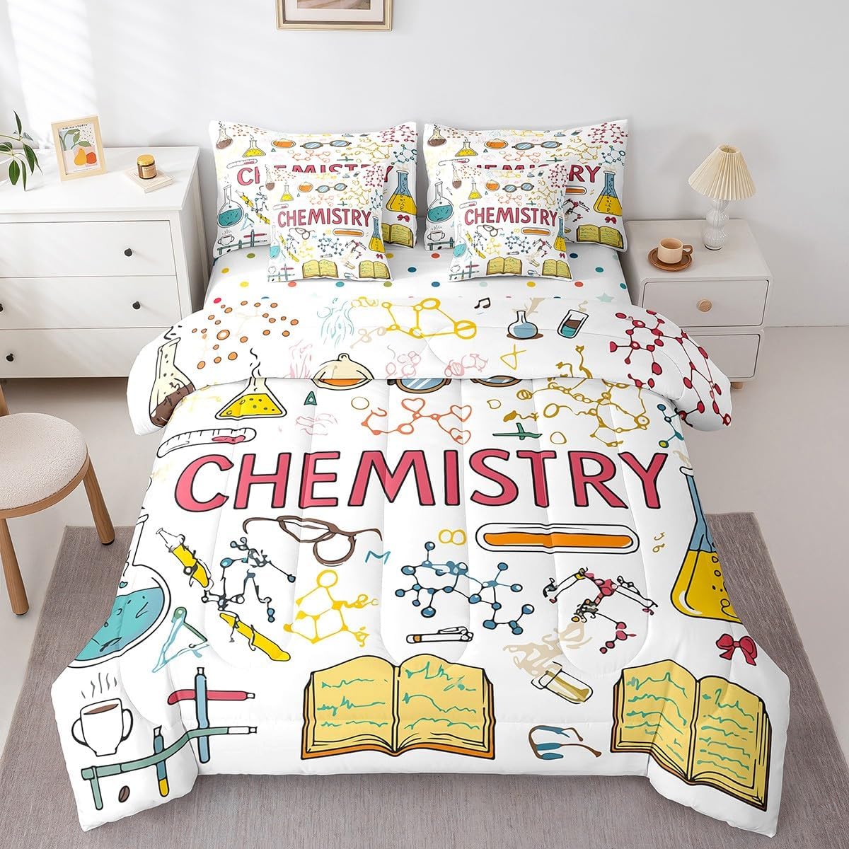 Erosebridal Chemical Equation Bed in a Bag Queen Comforter Set 7 Piece,Chemistry Bedding Sets Science Students Learning Gift Sheet Set with Comforter,Molecular Formula Education Bed Set - Colors B