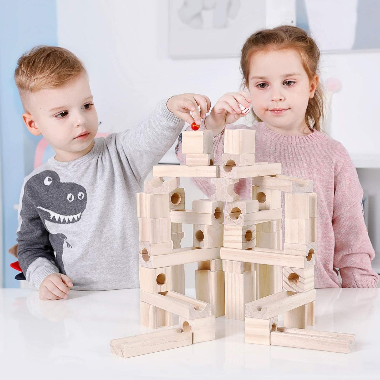 Wooden Marble Run for Kids Ages 4-8, 80 Pieces Wood Building Blocks Toys and Construction Play Set, Marble Track Maze Game STEM Learning Toys Gifts for Boys Girls (80pc Set)