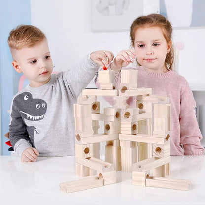 Wooden Marble Run for Kids Ages 4-8, 80 Pieces Wood Building Blocks Toys and Construction Play Set, Marble Track Maze Game STEM Learning Toys Gifts for Boys Girls (80pc Set)
