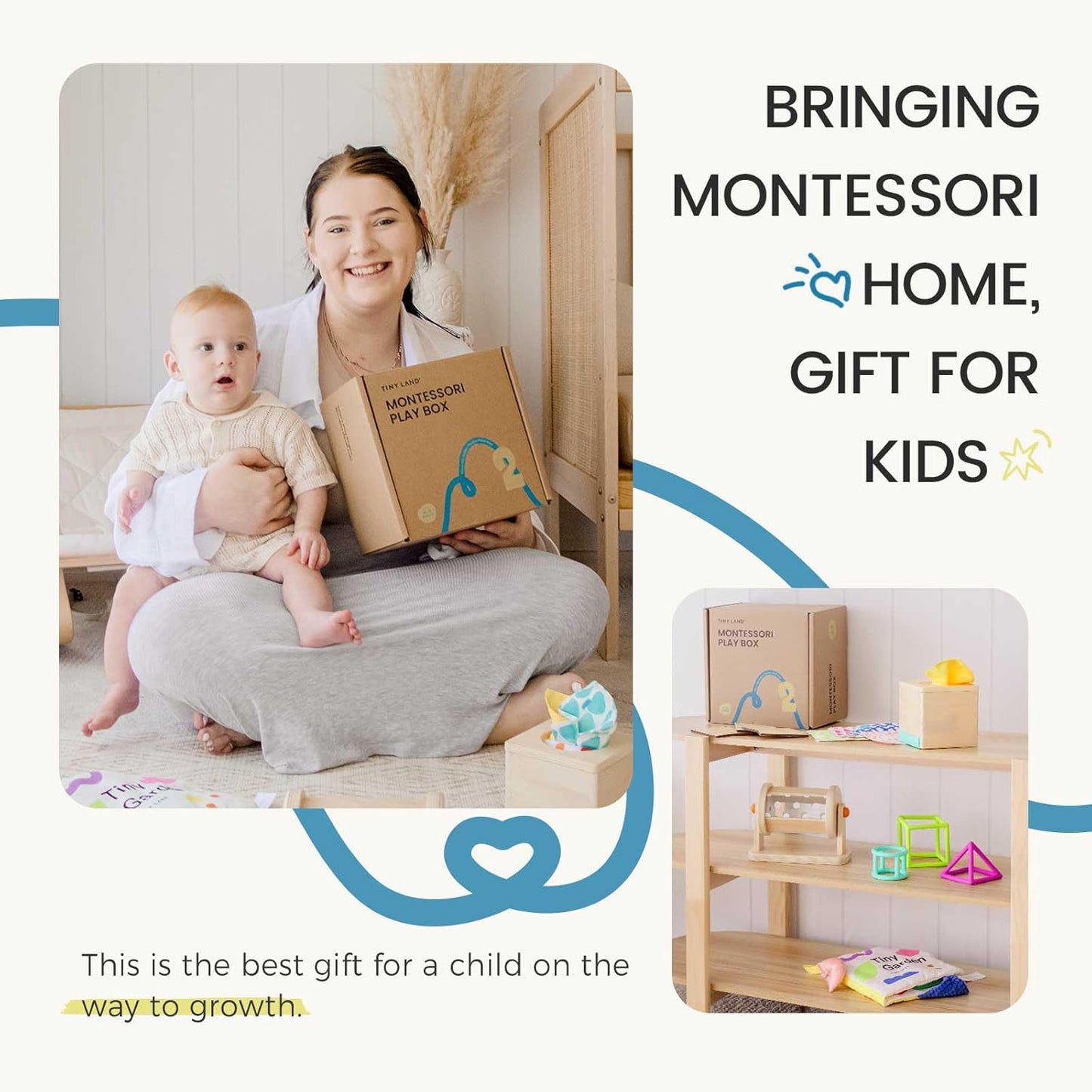 Tiny Land Montessori Baby Toy Set 0-3 Months Newborn Development Sensory Play Kit - 5-in-1 Mirror, Black & White Card Set, Rolling Bell, Play Mat, and Bed Wrap
