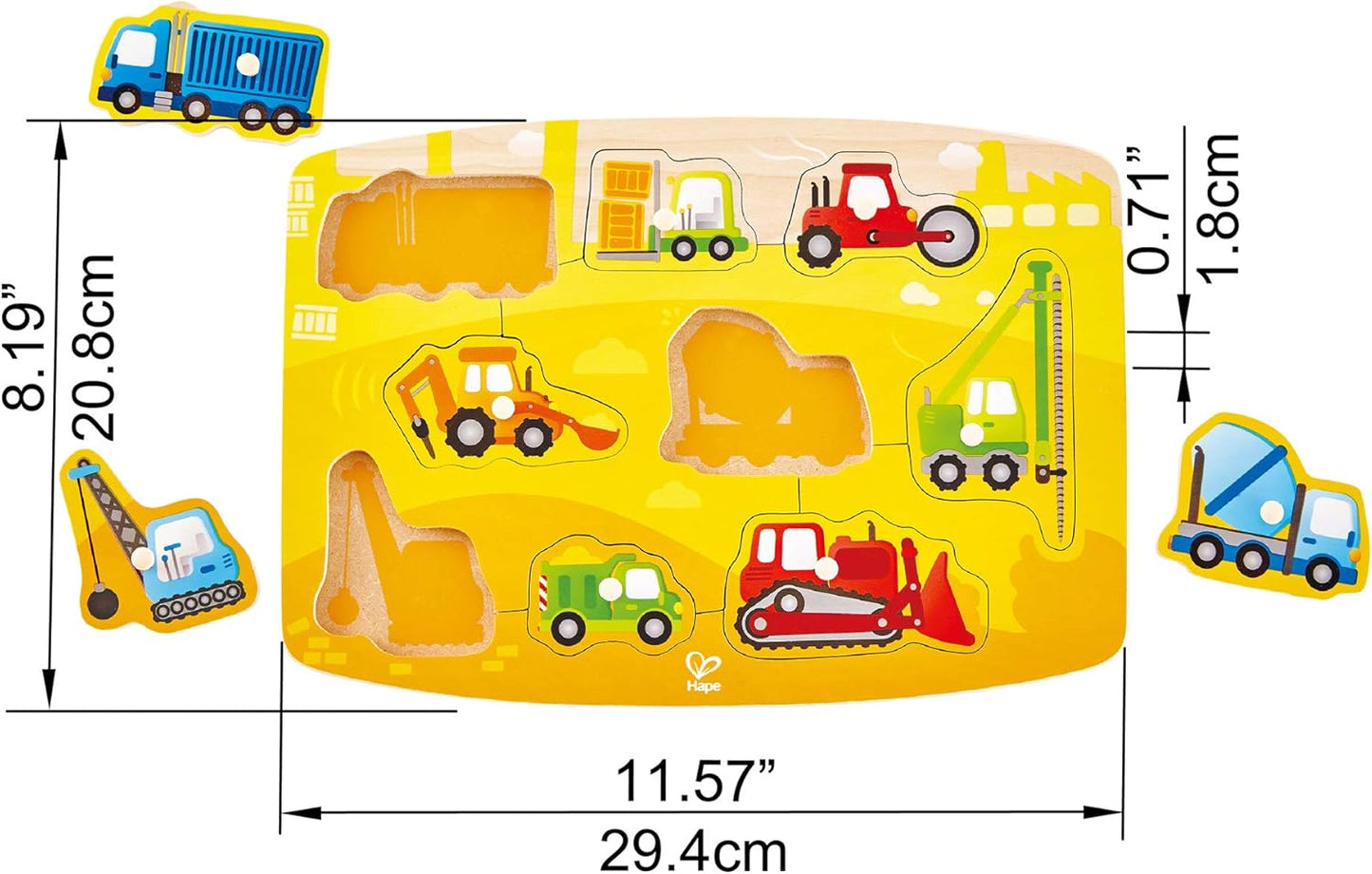 Hape Construction Peg Puzzle| 10 Piece Wooden Peg Jigsaw Puzzle Game, Learning Toy for Toddlers