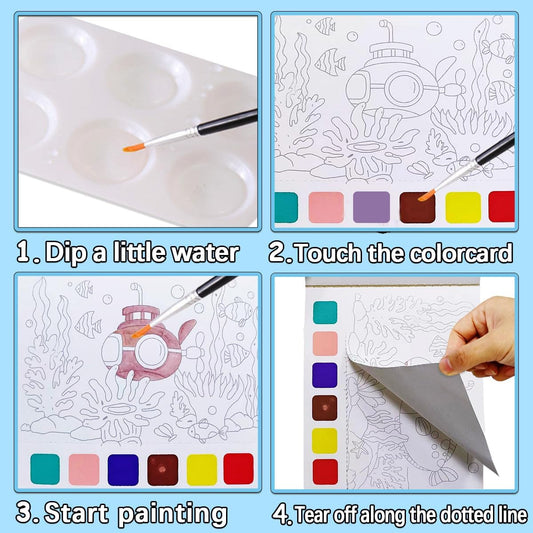 JUNQIU Watercolor Coloring Books for Kids Ages 4-8, Pocket Watercolor Painting Book for Toddlers, Arts and Crafts for Girls Gifts, Stocking Stuffers For Kids