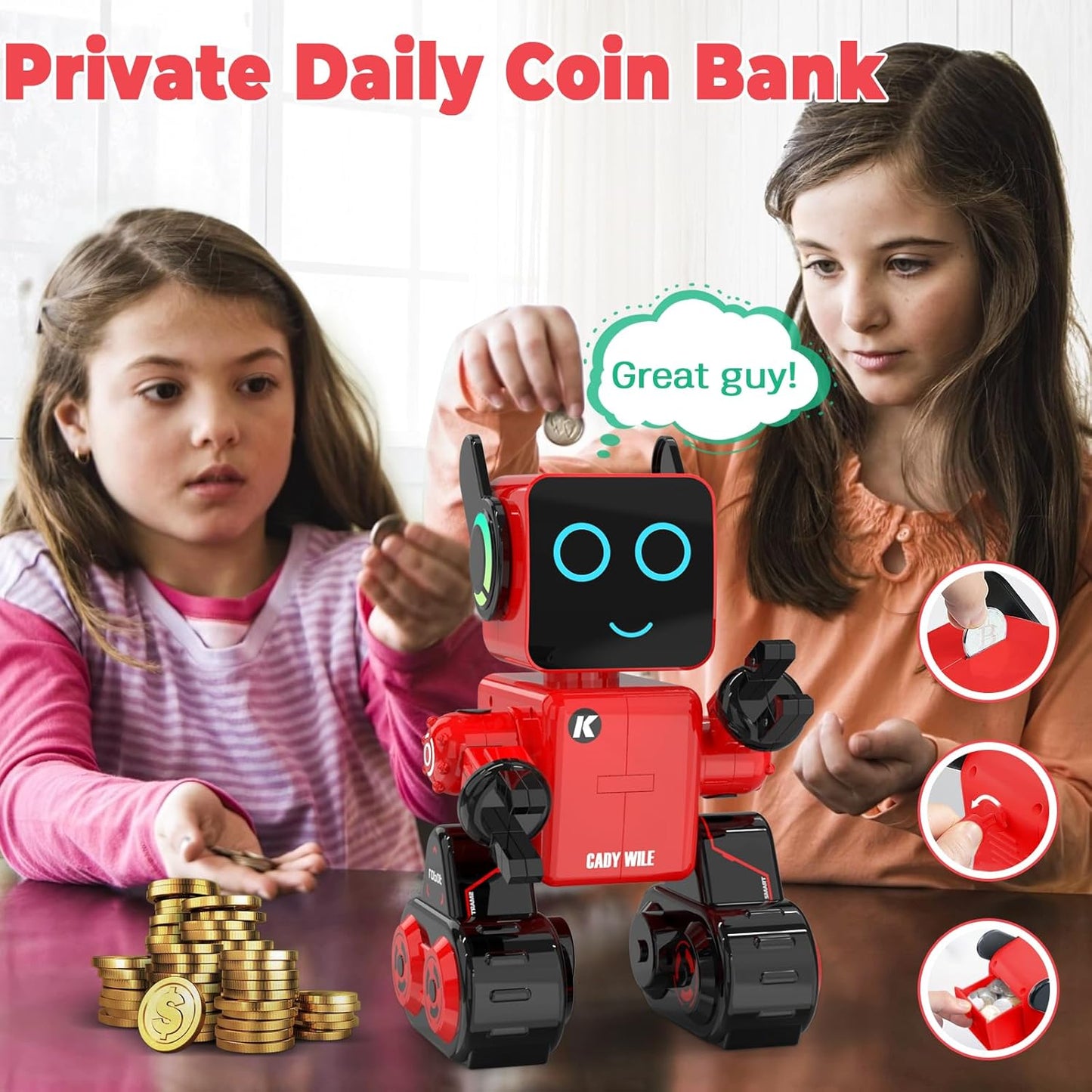 okk Robot Toys for Kids, Programmable Remote Control Robot, Interactive Toys with Coin Bank, LED and Tray, Walking Talking Singing Dancing Gift for Boys Girl（White）