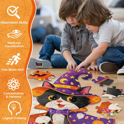 45 Pcs Halloween Floor Puzzle with Black Cat Jumbo Jigsaw Puzzles for Kids Age 4-8, Boo Basket Gifts Stuffers for Boys Girls