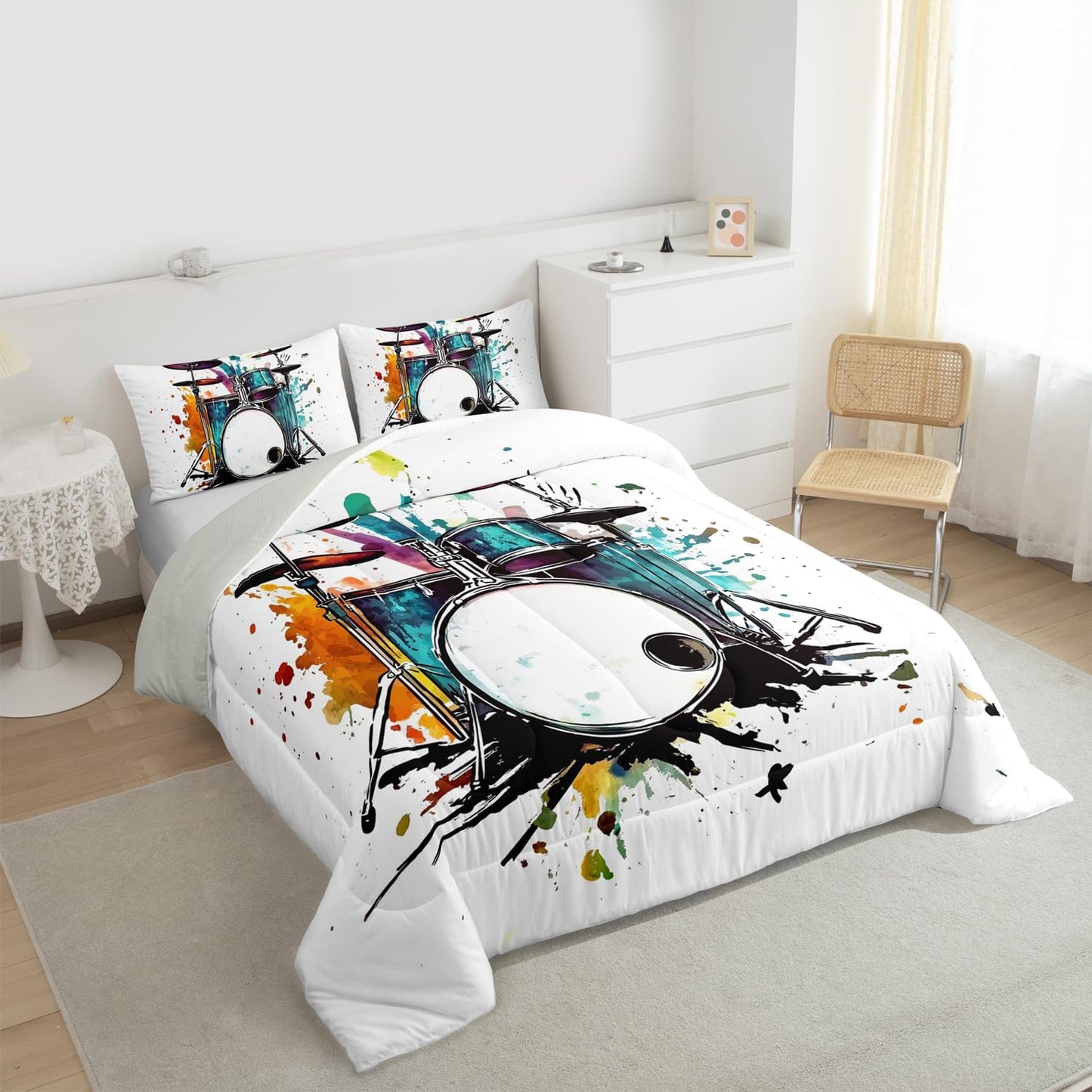 Erosebridal Drum Kit 3D Print Kids Comforter Sets Rock Music Themed Full Bedding Set for Boys Girls Musical Pattern Comforter Set,Colorful Retro Style Quilt Duvet 3 Pcs
