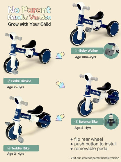 LOL-FUN Tricycle for Toddlers 1-3 Years Old Boys Girls Toy, 4 in 1 Baby Balance Bike for 1 2 Year Old Gift, Kids Bicycle with Easy Assembly Removable Pedal