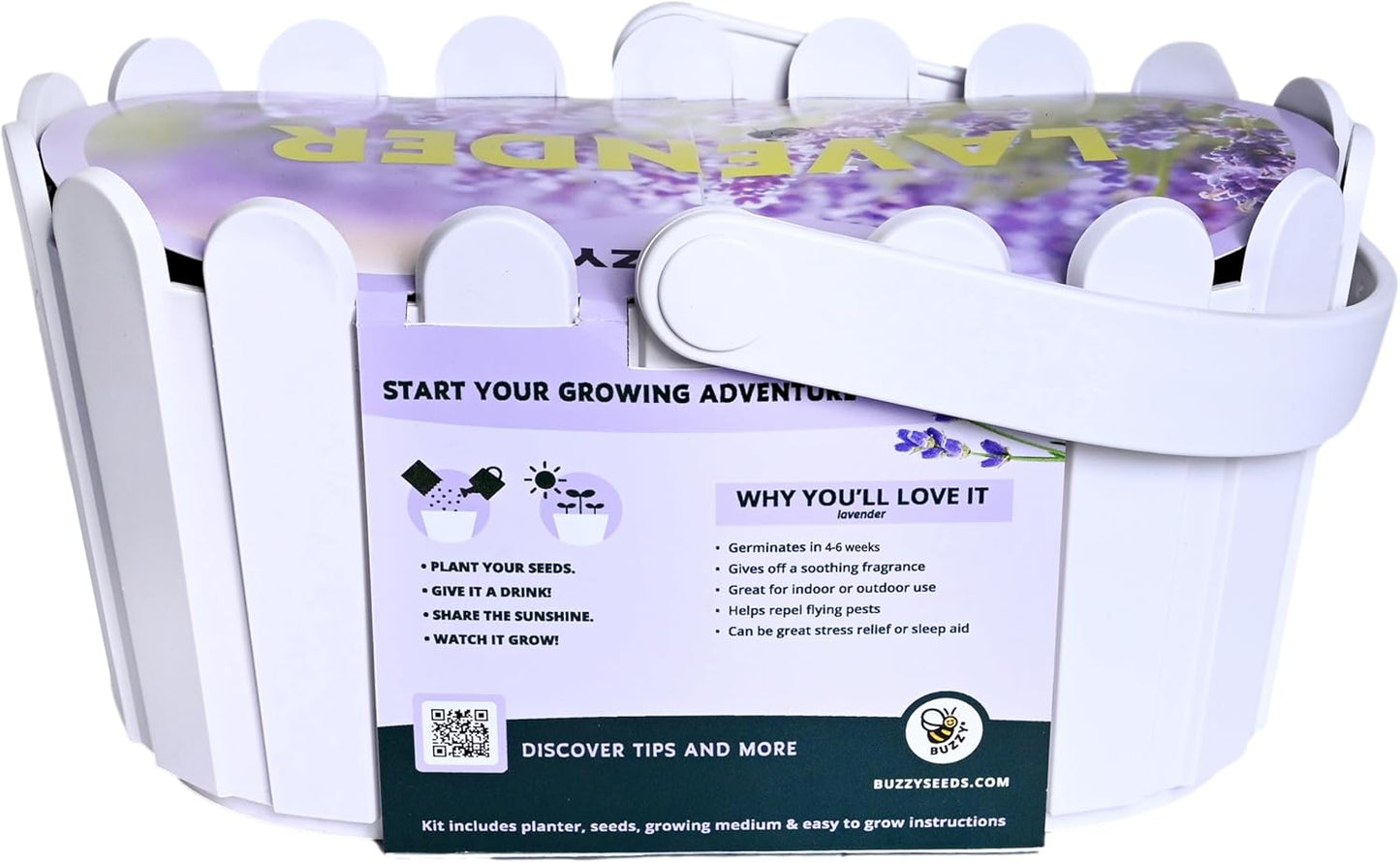 BUZZY Seeds Grow Your Own Lavender Basket – Indoor Flower Grow Kit with Growing Medium, Easy Instructions, Decorative White Basket – Ideal Gardening Gift for Beginners Plant Lovers DIY