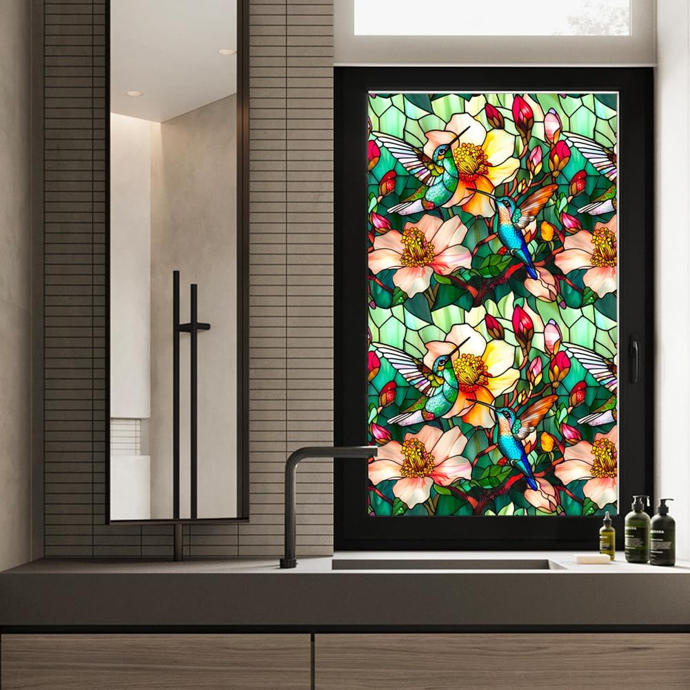 JOONOR Privacy Window Film Stained Glass Window Sticker Non-Adhesive Frosted Glass Film Decorative Magnolia Flower Pattern Static Cling Decals for Home UV Blocking/Heat Insulation 17.7 x 39.4 Inch