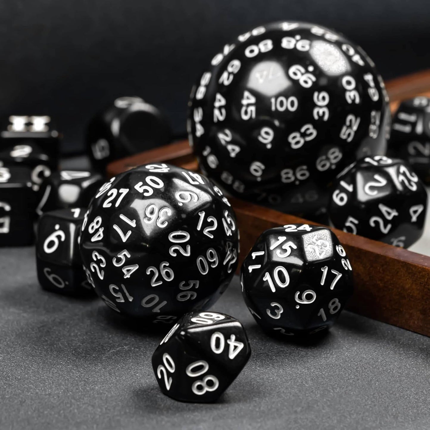 15 Pieces Complete Polyhedral DND Dice Set D3-D100 Spherical D&D Dice Set with Dragon Eye Dice Bag, D100 Dice for RPG Table Games(Black w/Purple Numbers)