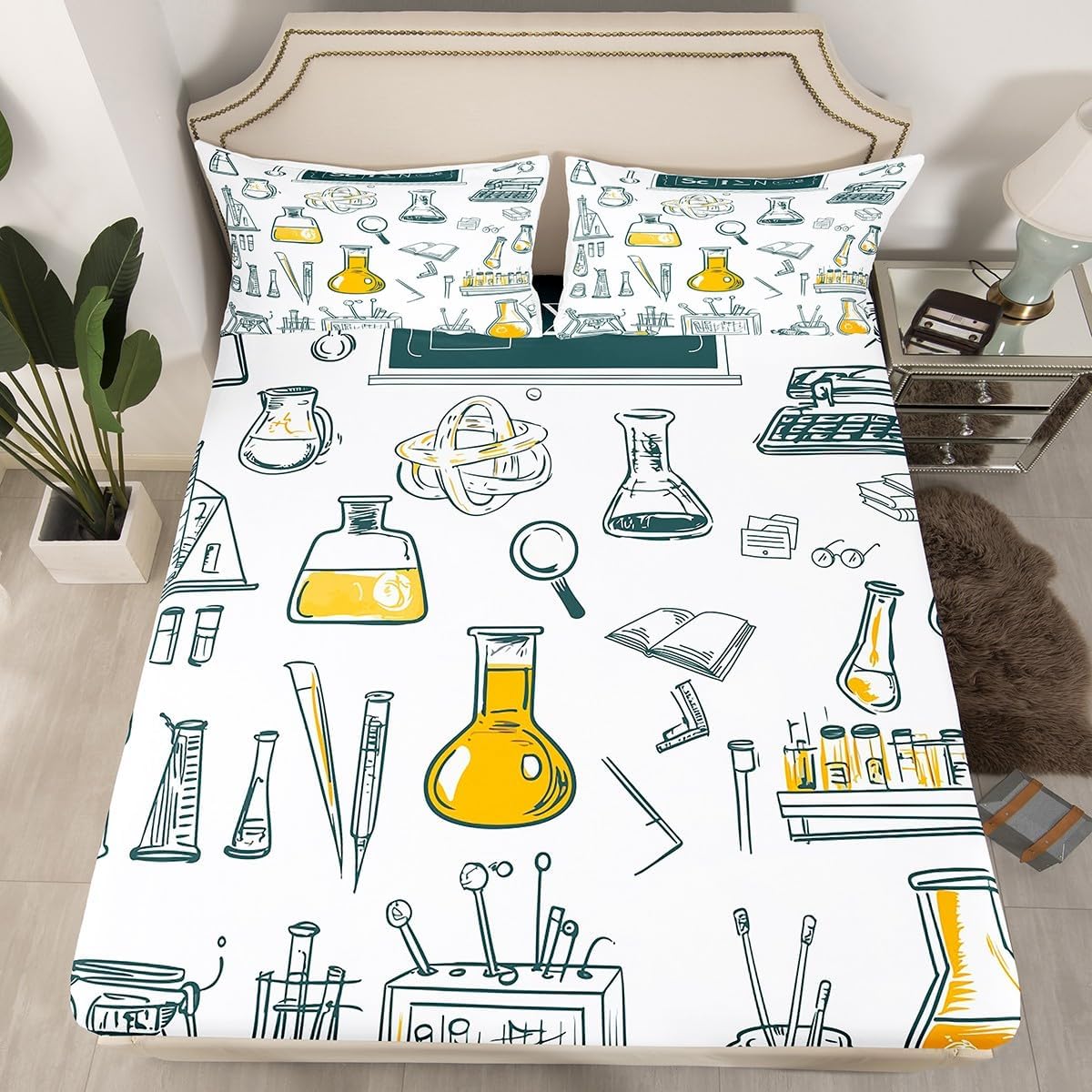 Erosebridal Chemistry Lab Fitted Sheet Twin Size Chemical Equation Bed Sheets for Boys Girls Chemical Elements Science Theme Bed Set Teens Kids Science Students Bedding Set School Dorm Room Decor