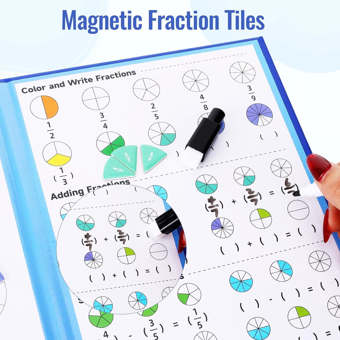Magnetic Fraction Tiles Explorer Board, 156 Piece Circles and Tiles Set, Educational Math Fraction Manipulatives Puzzle for Visual Learning, Portable Write and Wipe Fractional Study Tool