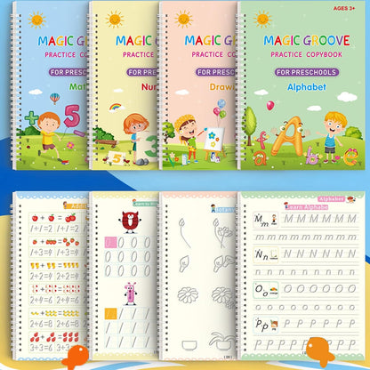 Reusable Magic Groove Writing Practice Book,Grooved Handwriting Workbooks with Pencil Grips,Number Letter Tracing (1, 4)