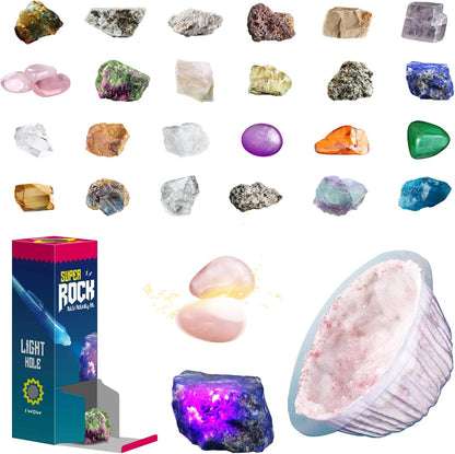 EDUMAN Super Rock Multi Activity Kit - 24 Genuine Rock Specimens, Geode Making & Crystal Growing STEM Science Toy for Kids Ages 8+ - Includes UV Light, Magnifying Glass & Darkroom Observation Box