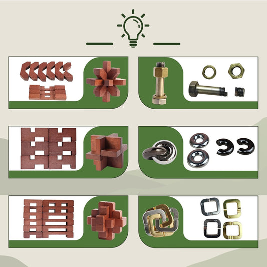 Puzzles Toys Brain Teaser Puzzles 12pcs Ring Puzzles Metal Wooden Puzzles Logic Lock for Adults Kids Toy Gift for Teens