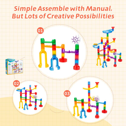 Marble Run Toy, 125pcs Marble Maze Kit STEM Educational Learning Toy for Kids, Construction Building Blocks Toys, Birthday Gift for Boys Girls 3-8（with 5 Glow in The Dark Glass Marbles）