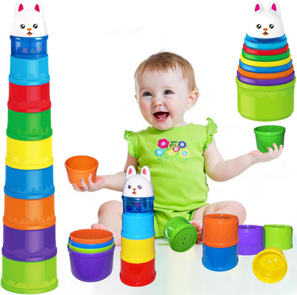 WEEJOYGAM Baby Stacking Cups, Nesting Stacking Toys for Toddlers 1-3 with Light and Sound, Montessori Toys for 1 Year Old Babies 6-12 12-18 Months Easter Gift Color Stack Bath Beach Blocks Rainbow Set