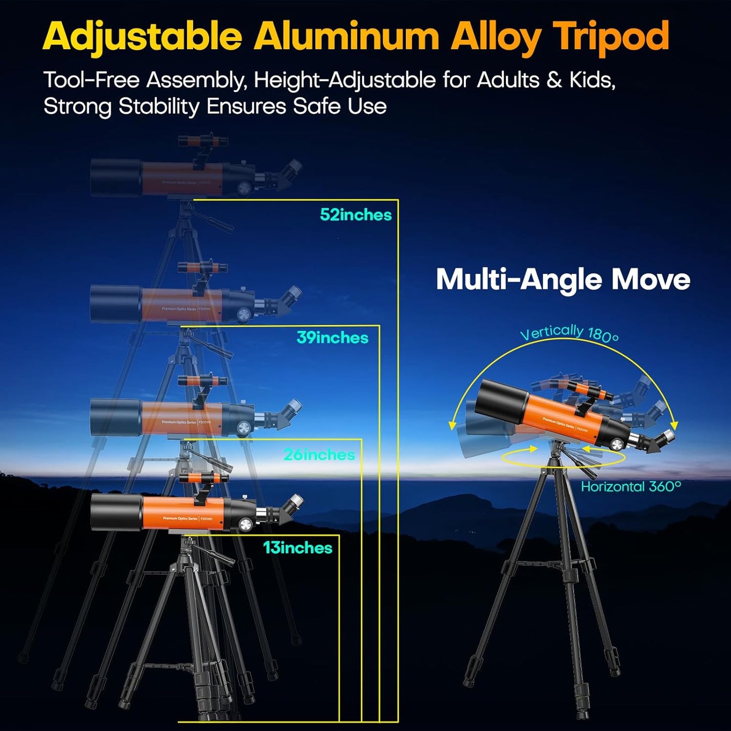 USCAMEL Telescope for Adults High Powered: 90mm Astronomical Portable Refractor for Beginners Kids 8-12 - Tripod & Phone Mount for Travel Stargazing Photography (Orange)