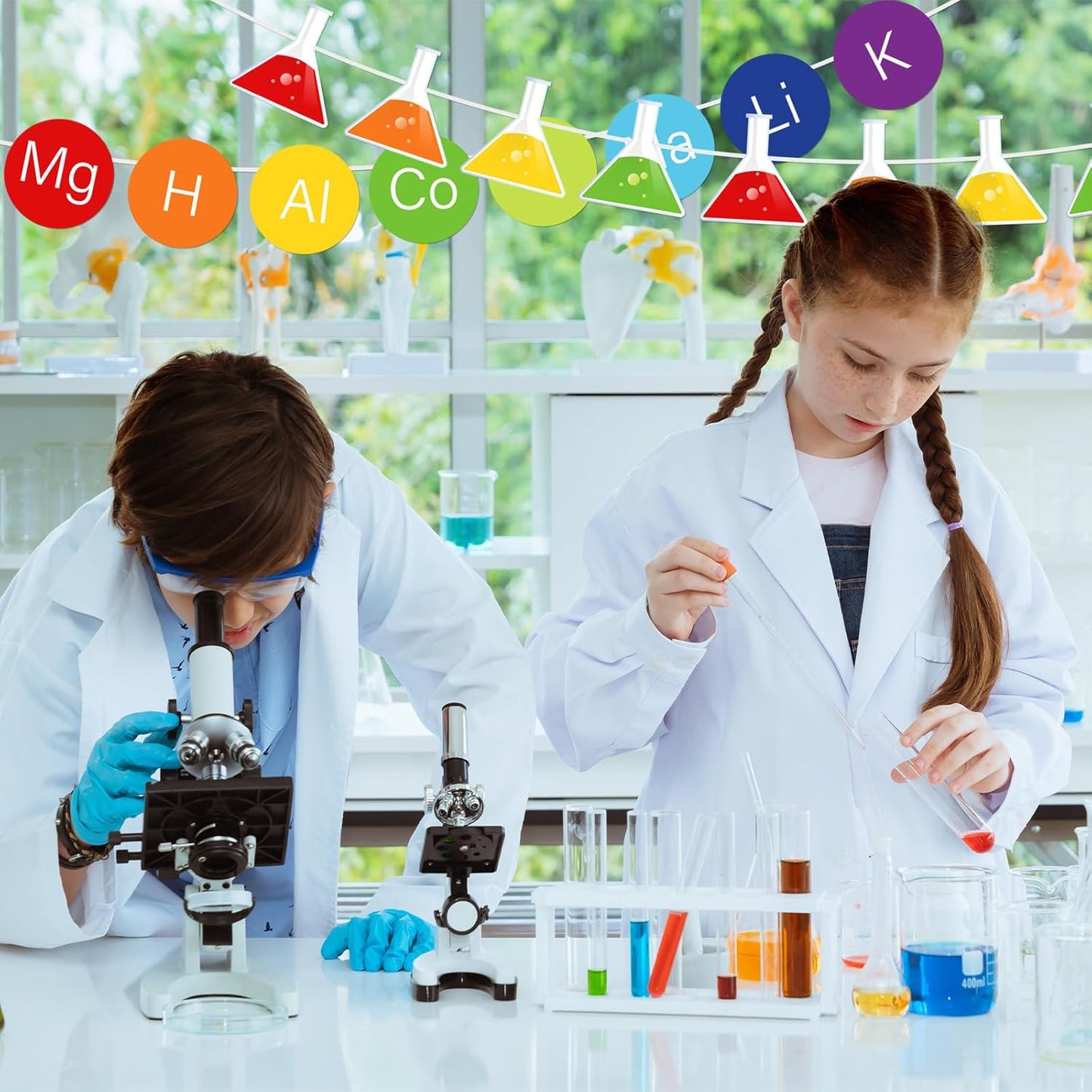 Whaline 5Pcs Science Banners Back to School We Love Science Garland Hanging Ornaments Scientific Chemistry Lab Party Decoration Set for School Classroom Home Scientist Birthday Party Decor Supplies